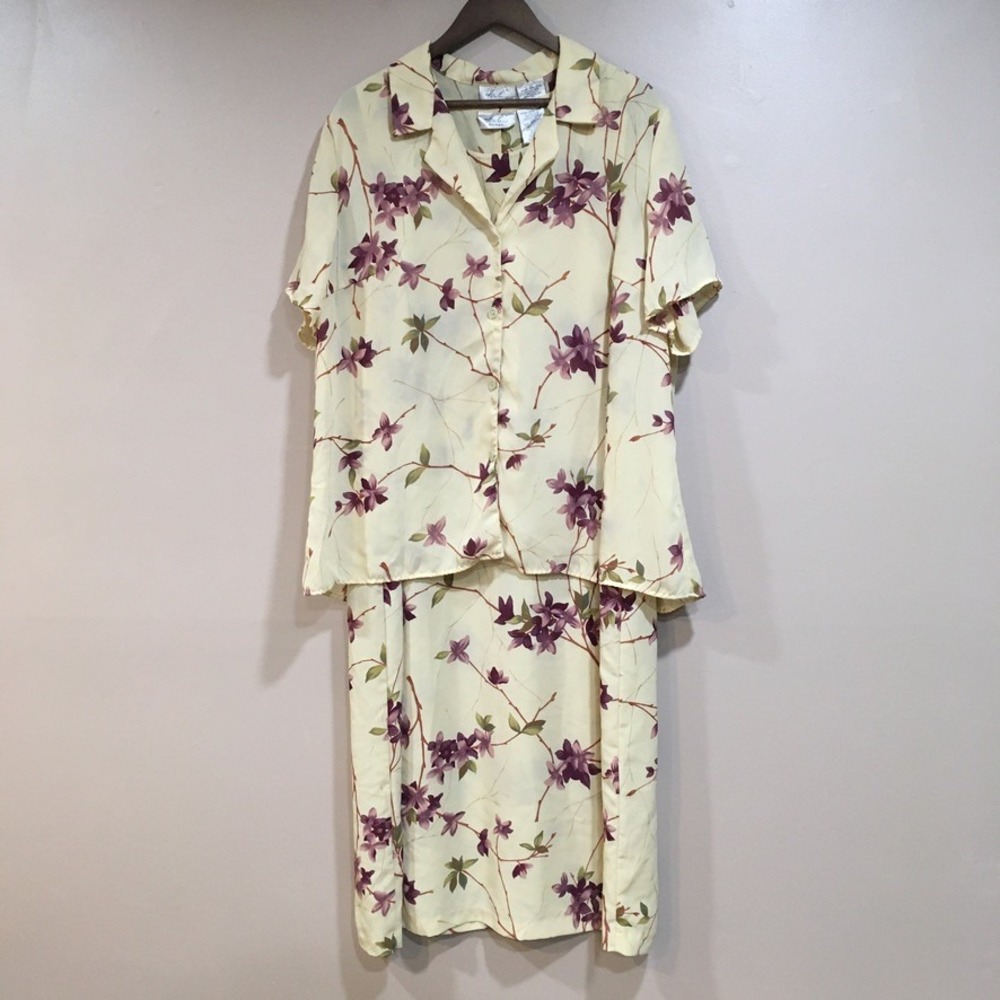 Vtg Kathie Lee Floral 2 Piece Maxi Dress Set Womens 18W Yellow Cottage Modest